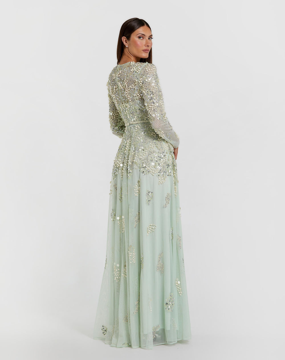 Green Long Sleeve Sequin Pearl Embellished Gown - FOSTANI.com