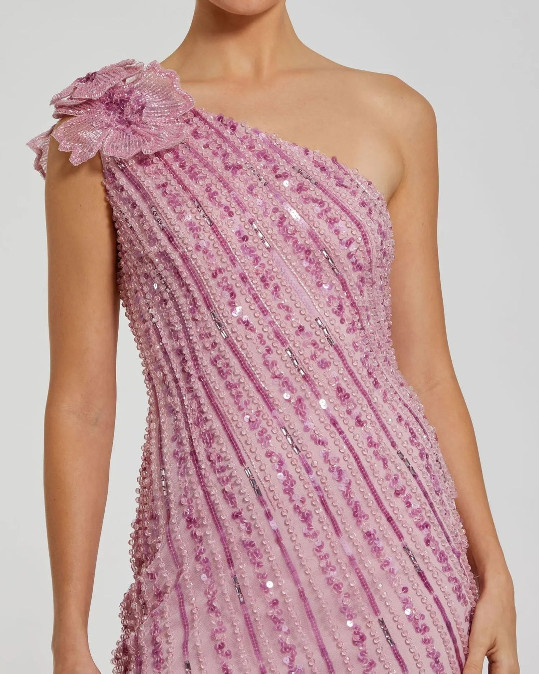 Mac Duggal 94221 Pink One Shoulder Beaded Mesh Dress With Flower