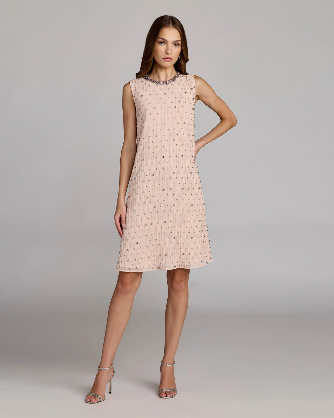 Light Pink Embellished Sleeveless Shift Mini Dress - FOSTANI.com