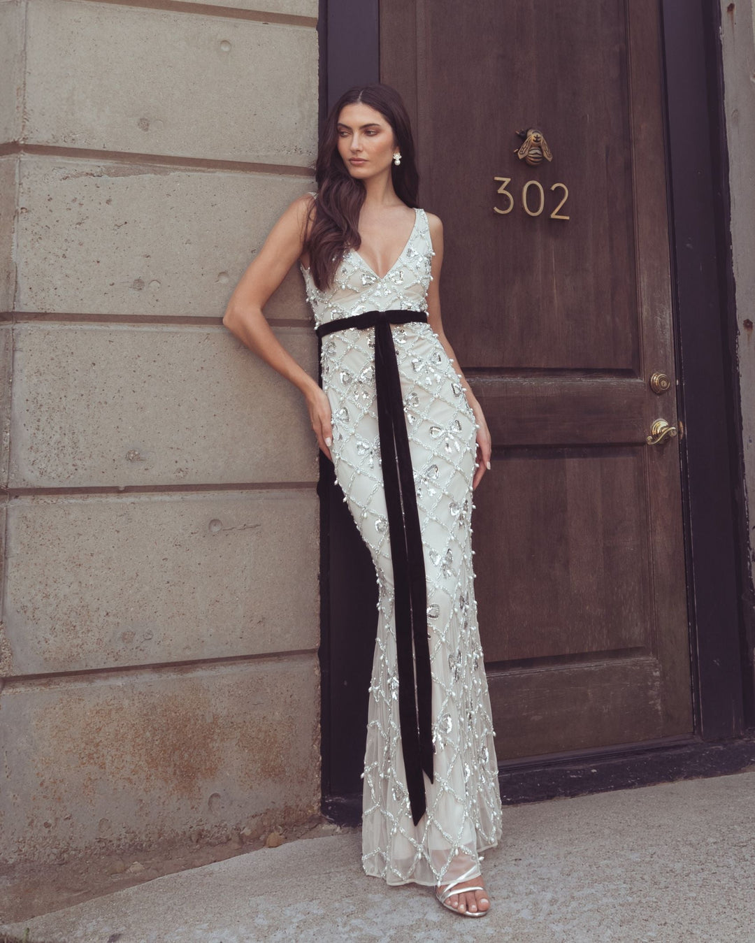 Mac Duggal 94390 Beaded Bow Sleeveless V-Neck Gown