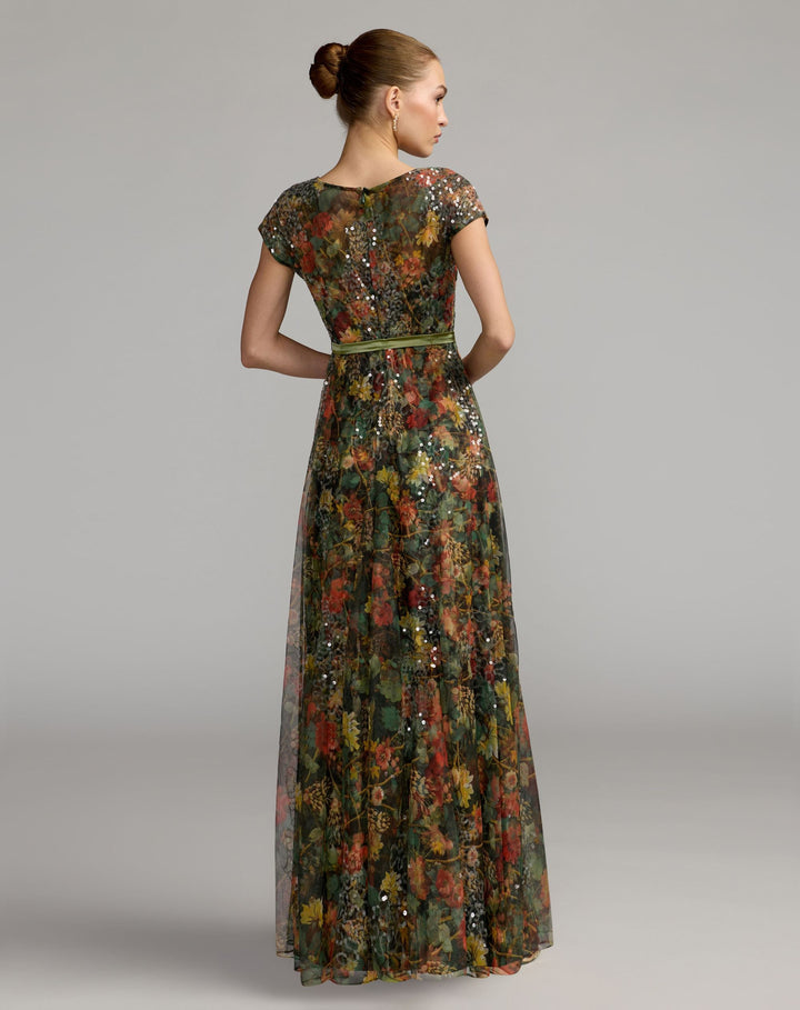 Mac Duggal 94444 Floral Cap Sleeve A-Line Gown