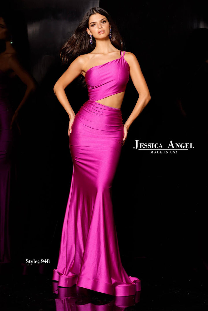 Jessica Angel 948 one shoulder cutout mermaid gown front view