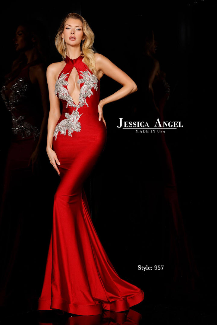 Jessica Angel 957 embellished halter mermaid gown front view