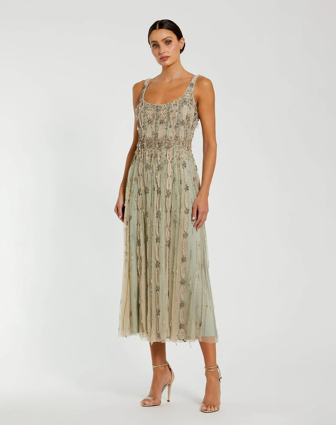 Mac Duggal 9910078P Petite Green Sleeveless Scoop Neck Embellished Midi Dress - FOSTANI.com