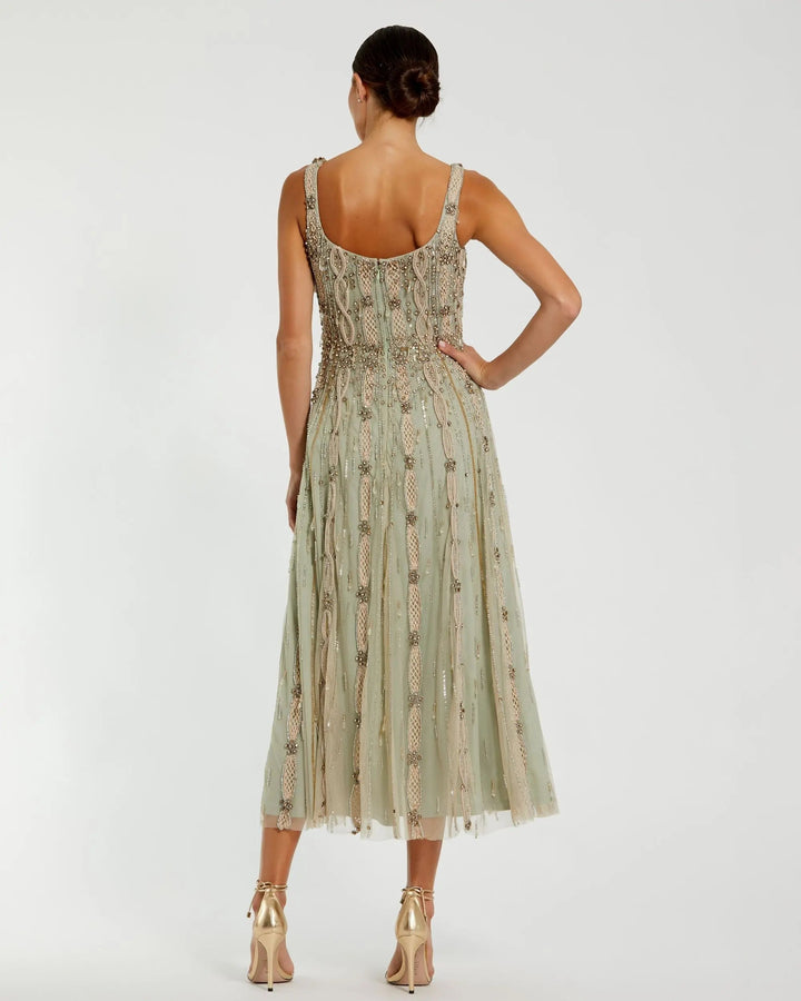 Mac Duggal 9910078P Petite Green Sleeveless Scoop Neck Embellished Midi Dress - FOSTANI.com