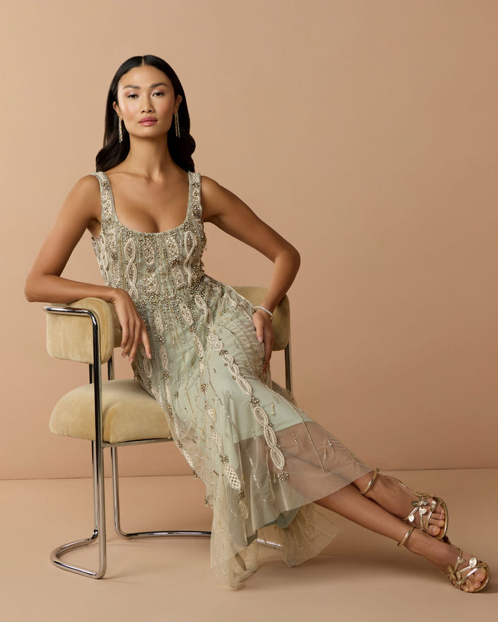 Mac Duggal 9910078P Petite Green Sleeveless Scoop Neck Embellished Midi Dress - FOSTANI.com