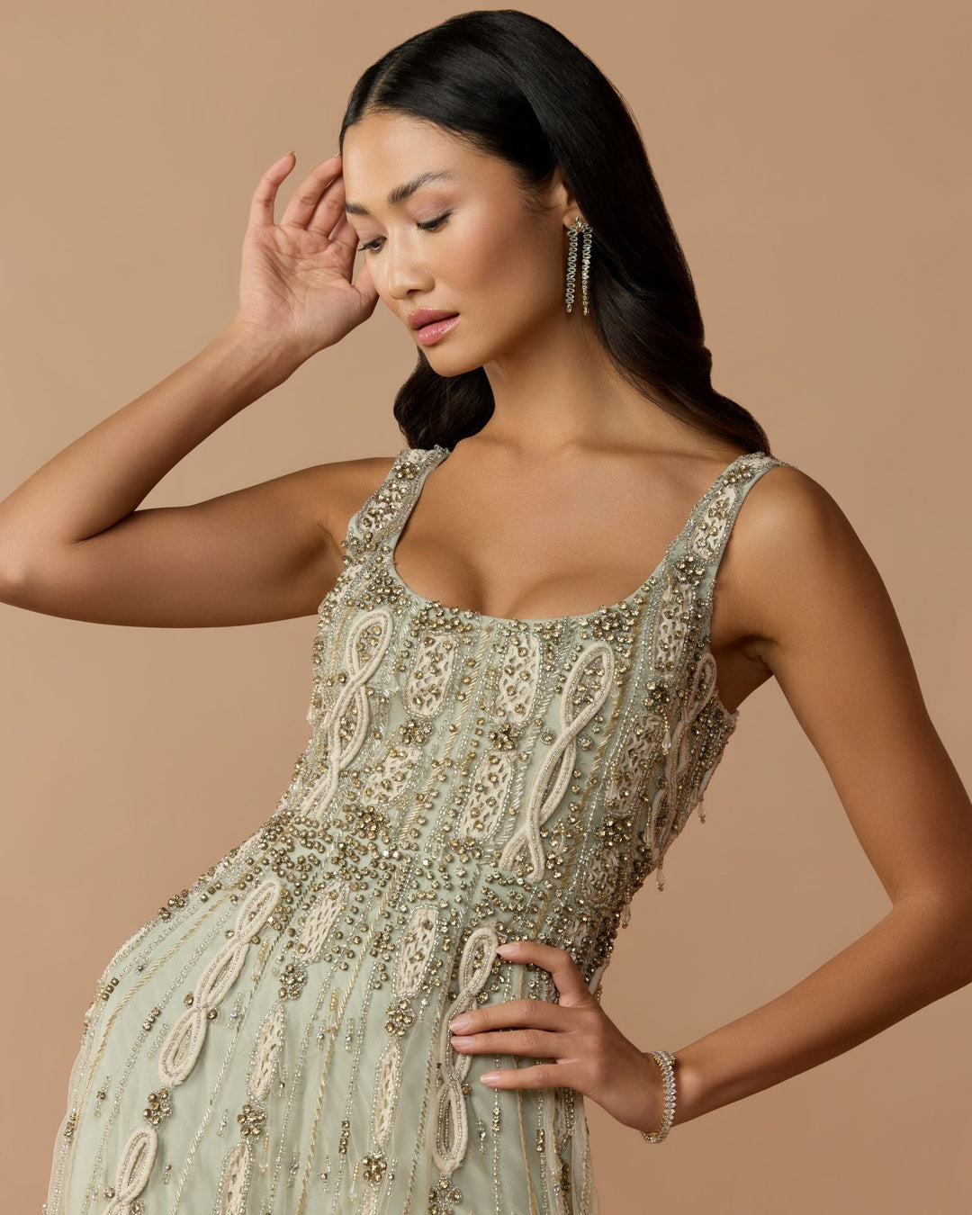 Mac Duggal 9910078P Petite Green Sleeveless Scoop Neck Embellished Midi Dress - FOSTANI.com
