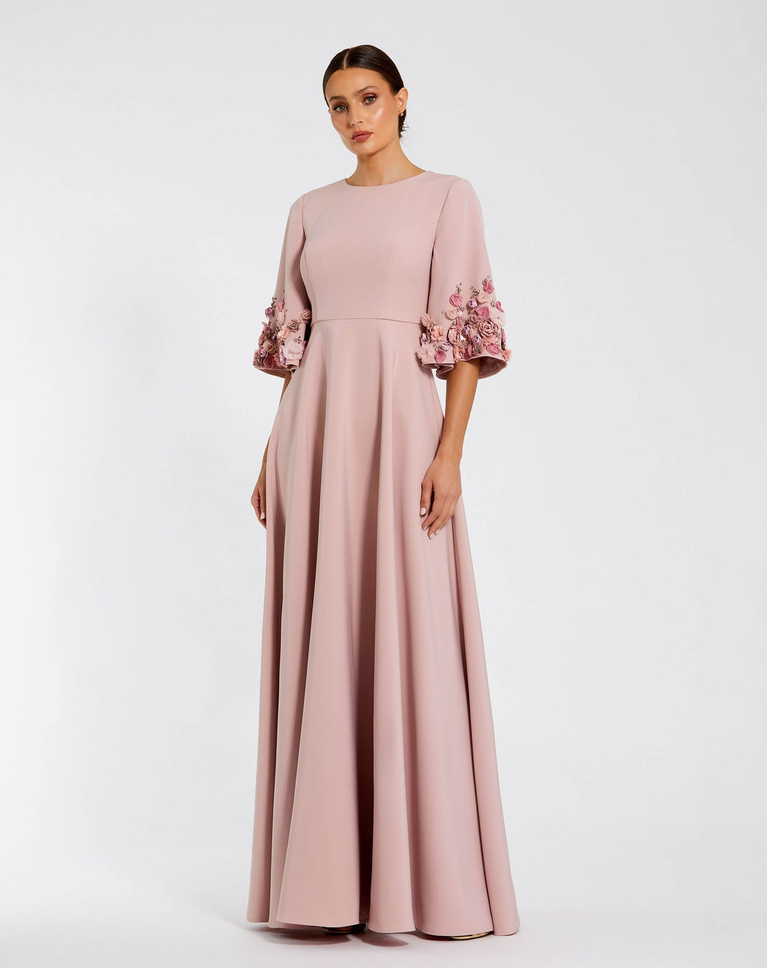 Mac Duggal 9911854P Petite Pink Crepe 3/4 Sleeve A-line Gown With Flower Trim
