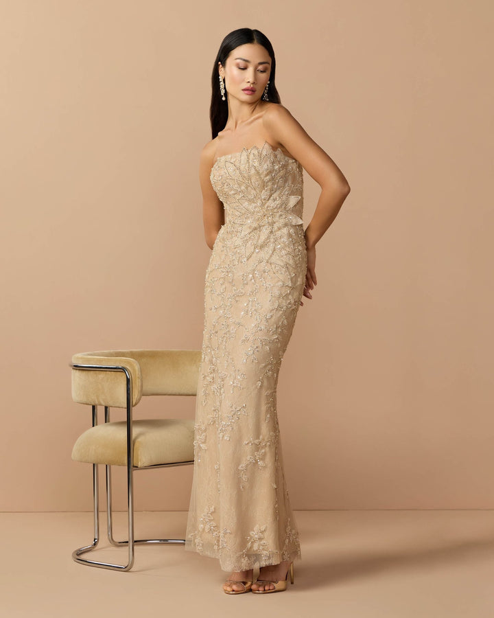 Mac Duggal 9921200P Petite Strapless Embellished Lace Gown with 3D Flower