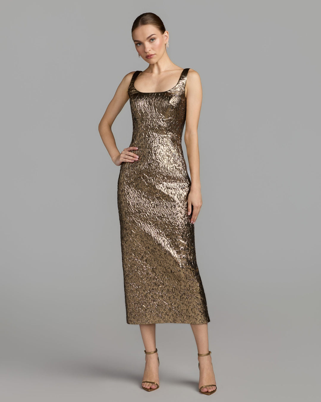 Mac Duggal 21553 Metallic Scoop Neck Brocade Midi Dress