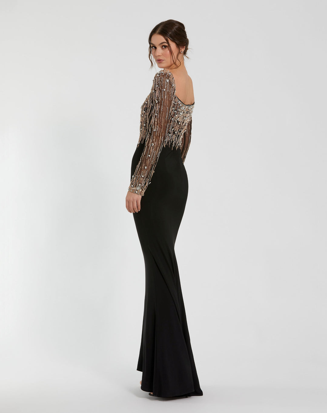 Mac Duggal 2256 Beaded Square Neck Long Sleeve Jersey Gown