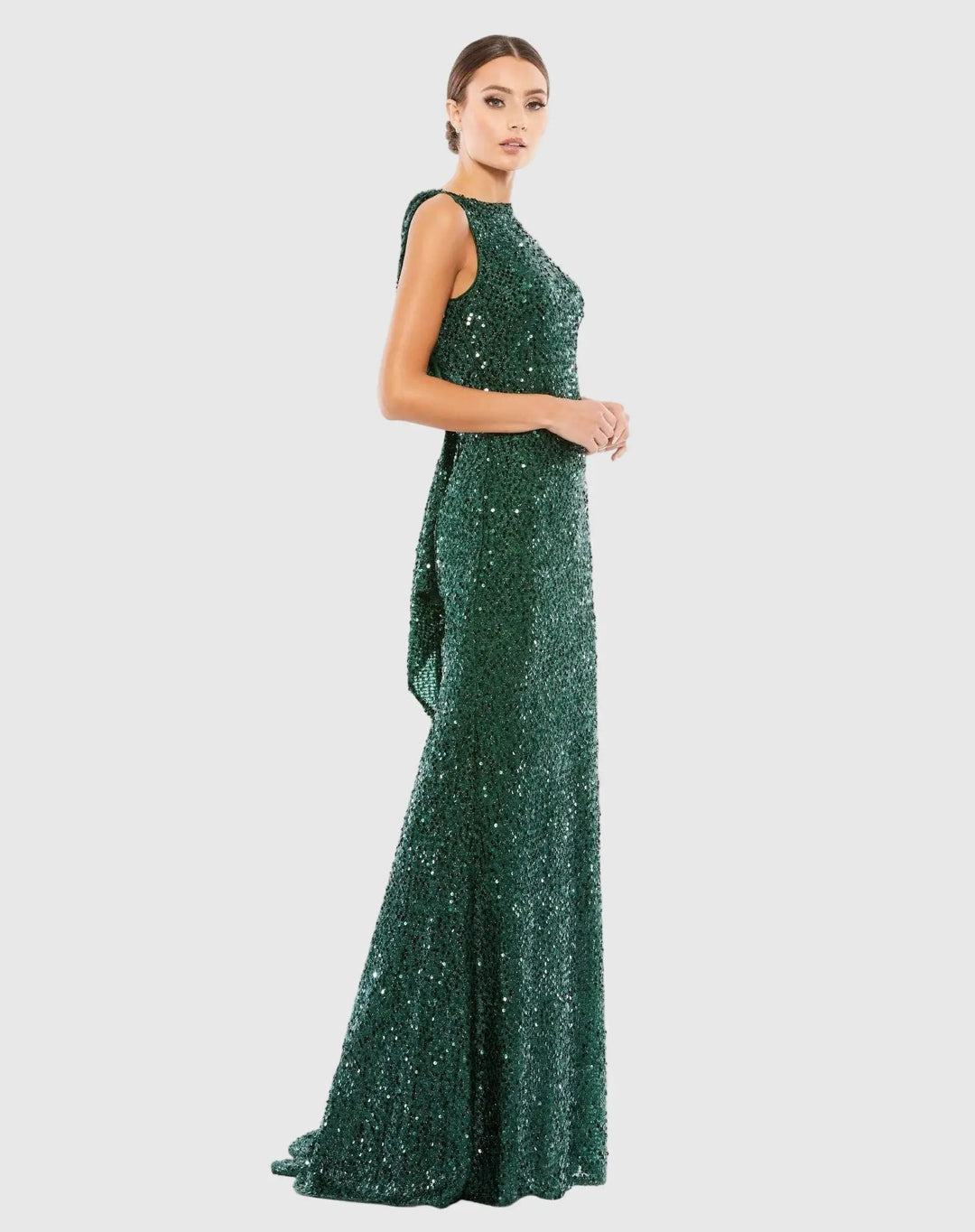 Mac Duggal 9926331P Petite Green Cowl Back Boat Neck Sequined Evening Gown - FOSTANI.com