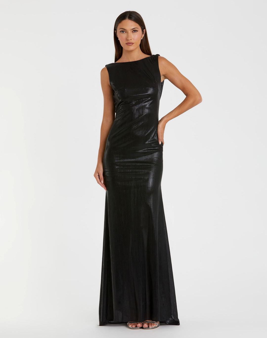 Mac Duggal 9949087P Petite Black Metallic Jersey Cowl Back Column Gown