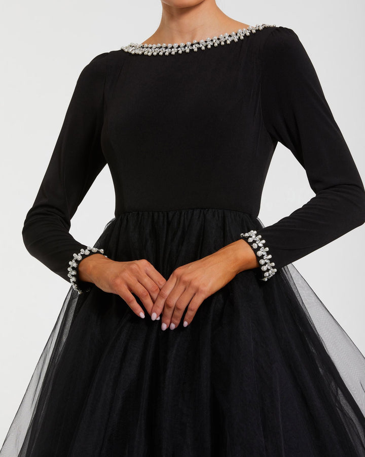 Mac Duggal 9956186P Petite Long Sleeve Tulle Ball Gown