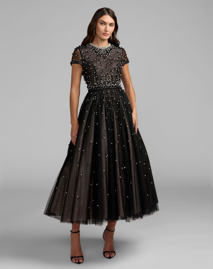 Mac Duggal 56255 Embellished Pearl Tulle Midi Dress