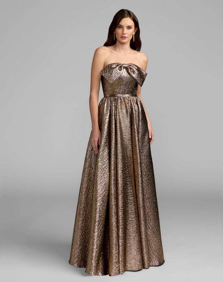 Mac Duggal 56441 Strapless Metallic Gown With Bow Detail