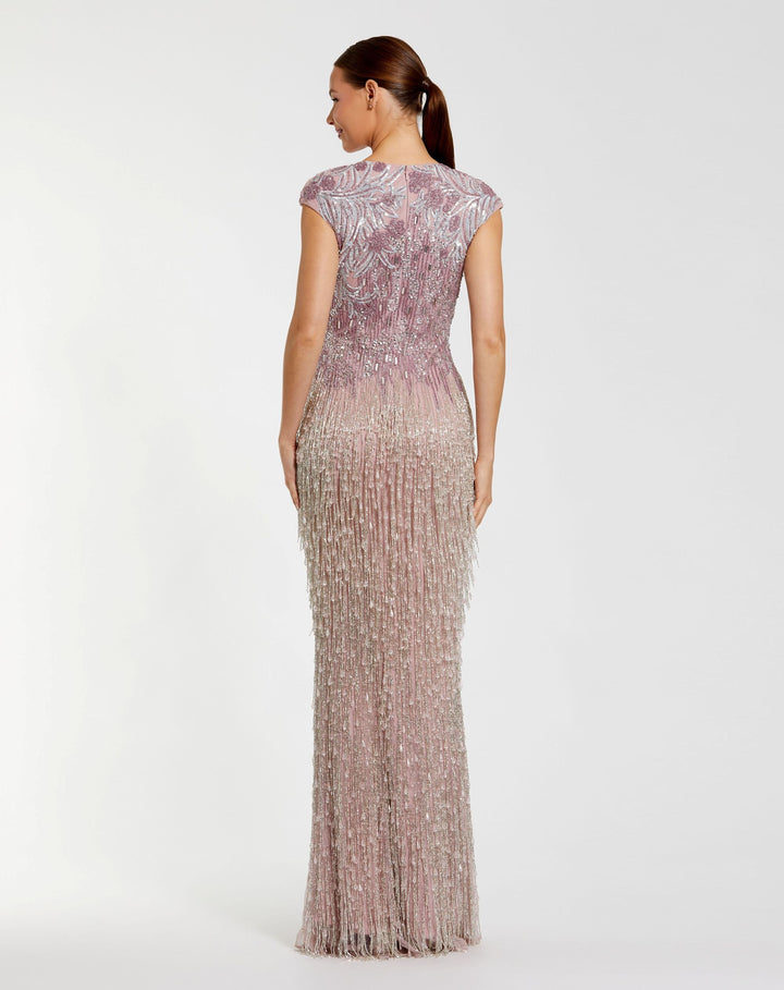 Mac Duggal 6169 Embellished Cap Sleeve Gown With Fringe Beading Dress