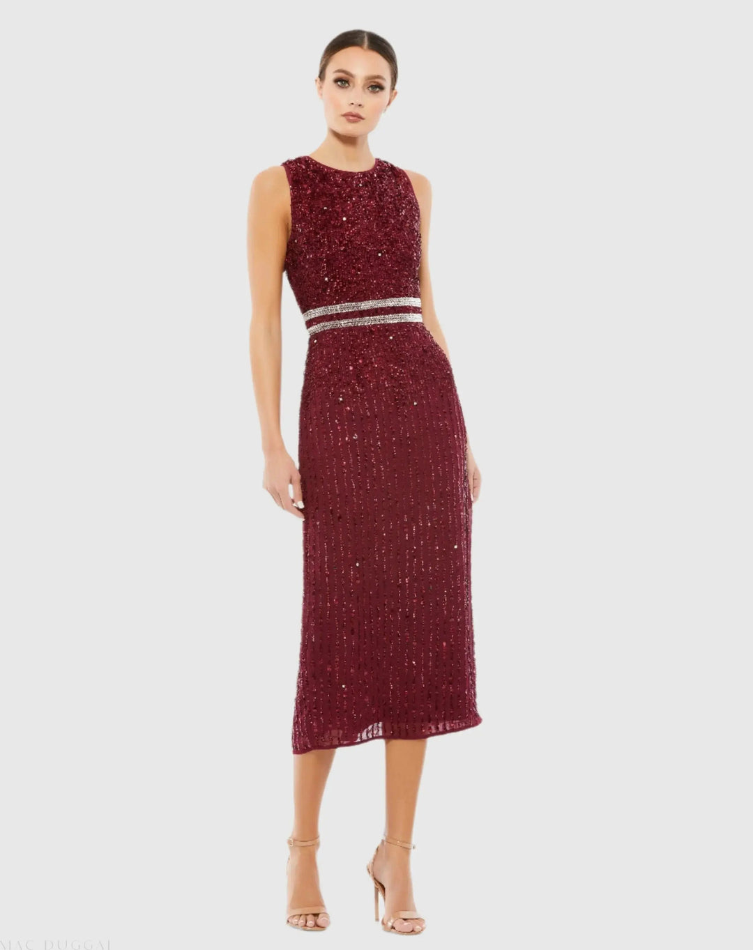 Mac Duggal A10509 Sleeveless High Neck Beaded Midi Sheath Dress