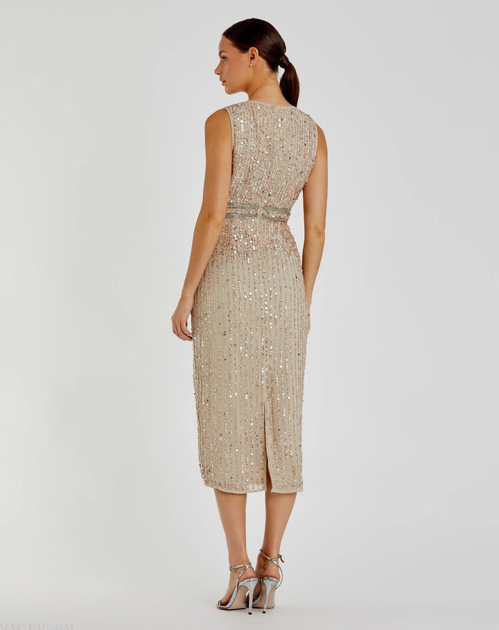 Mac Duggal A10509 Nude Sleeveless High Neck Beaded Midi Sheath Dress