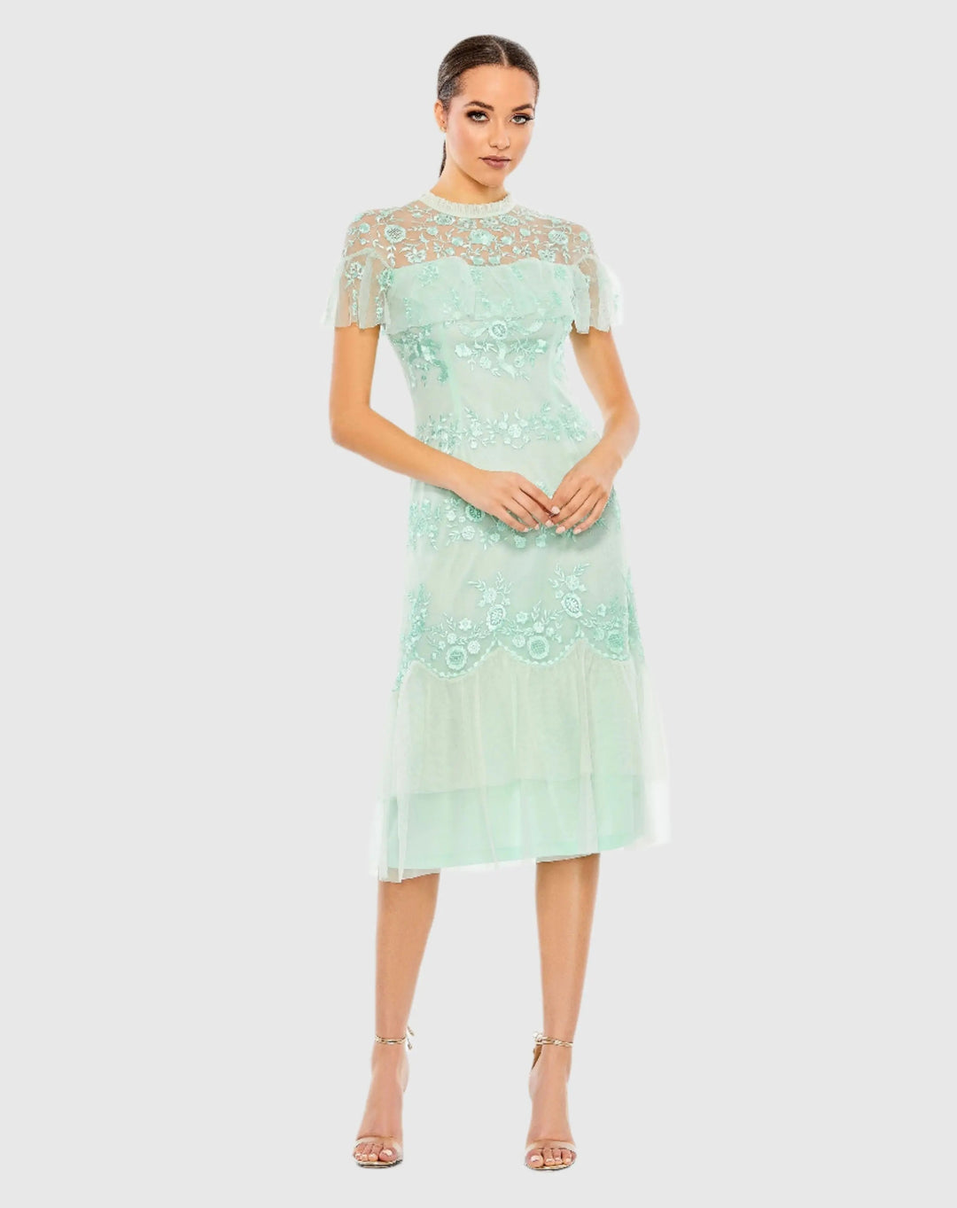 Mac Duggal A35147 Embroidered Ruffled Cap Sleeve Midi Dress
