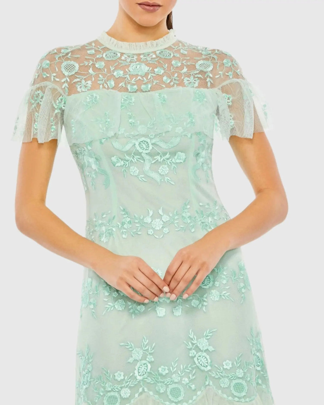 Mac Duggal A35147 Embroidered Ruffled Cap Sleeve Midi Dress