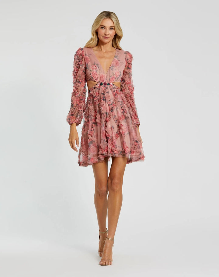 Mac Duggal A9151 Long Sleeve V Neck Cut Out Mesh Mini Dress