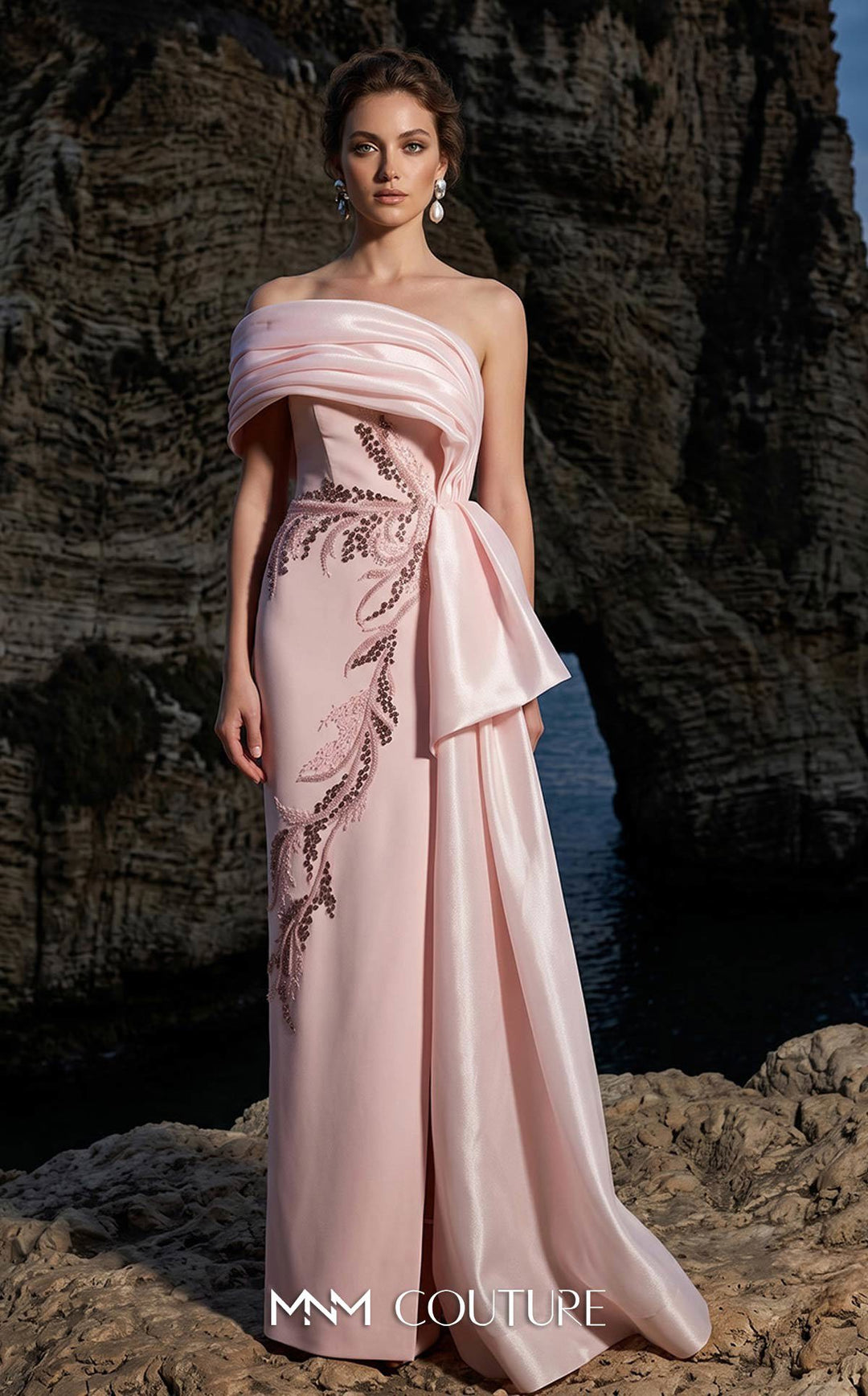 MNM Couture B1126 Off-Shoulder Draped Embroidered Gown