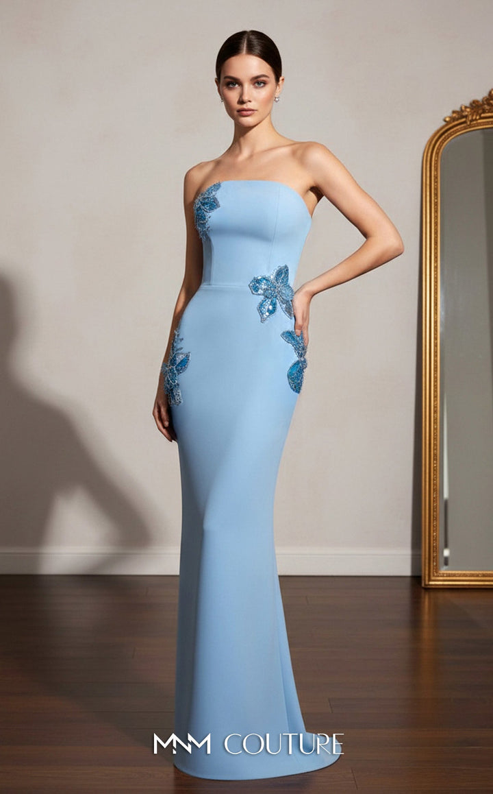 MNM Couture B1190 Beaded Floral Strapless Crepe Gown