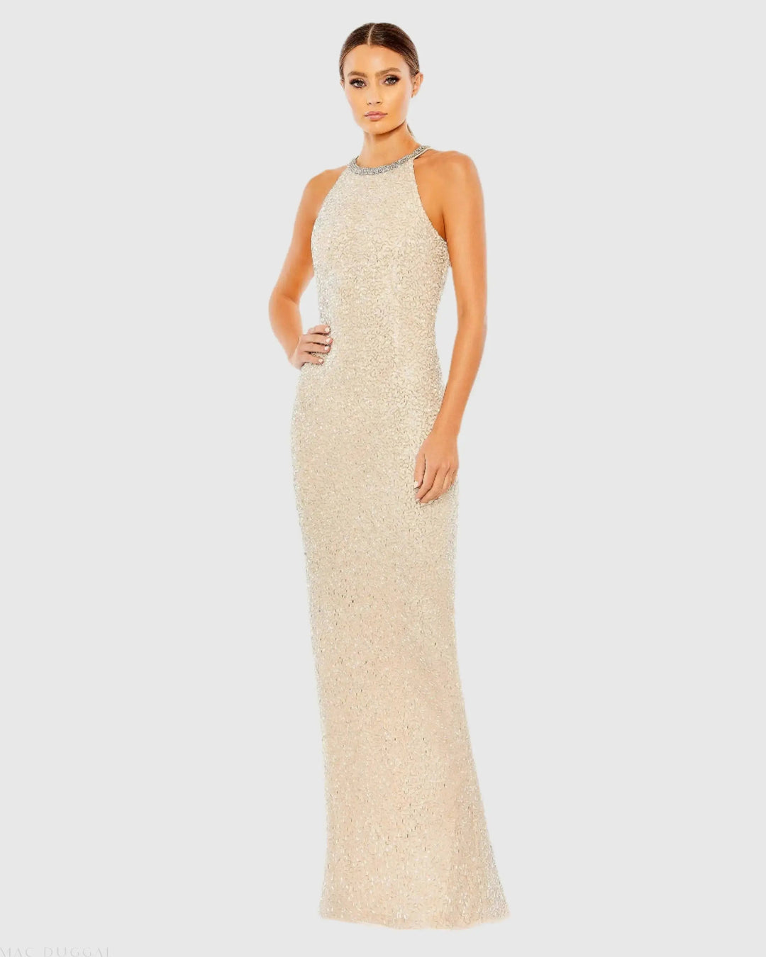 Mac Duggal 93742 Beaded Sleeveless High Neck Column Gown