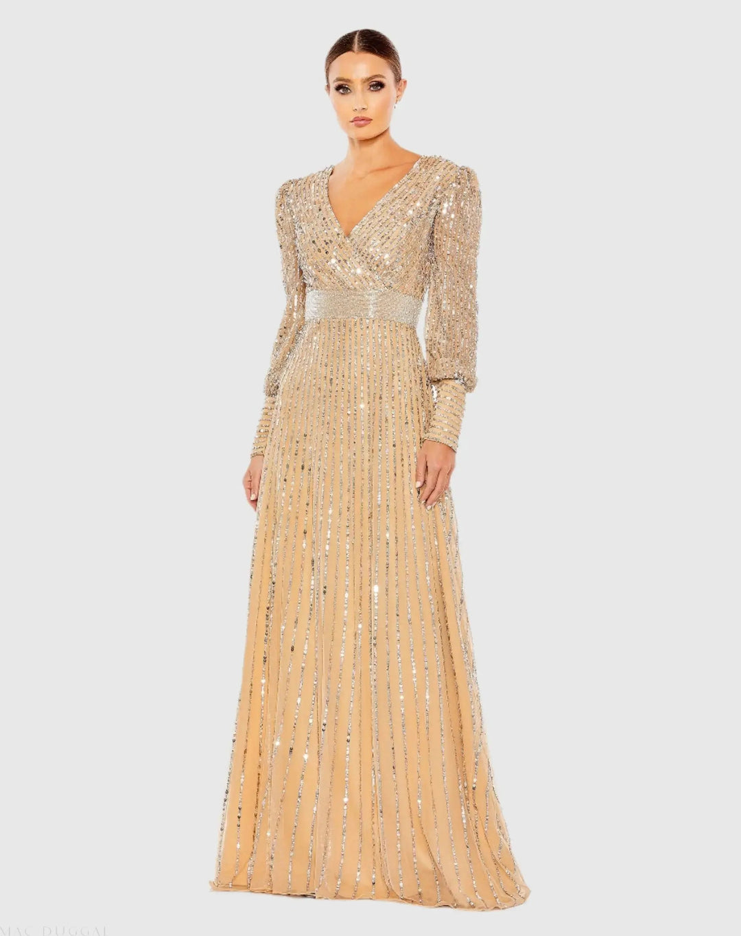 Mac Duggal 5720 Purple Sequined Wrap Over Bishop Sleeve Gown