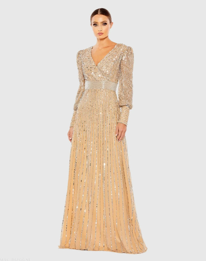 Mac Duggal 5720 Purple Sequined Wrap Over Bishop Sleeve Gown