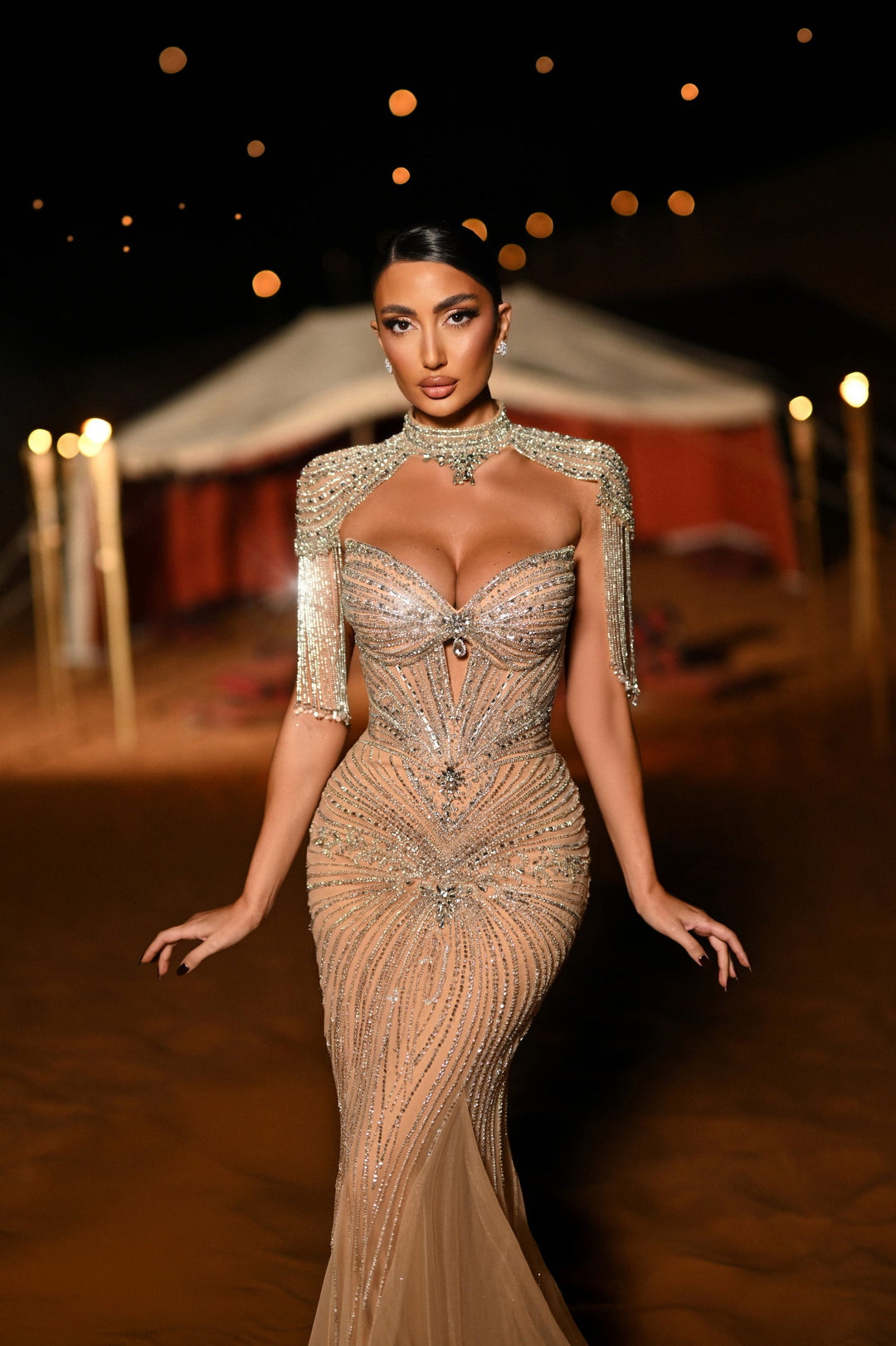 Delilah HM421 Beaded Mermaid Gown with Choker Collar, Crystal Fringe and Corset Bodice - Champagne close-up view