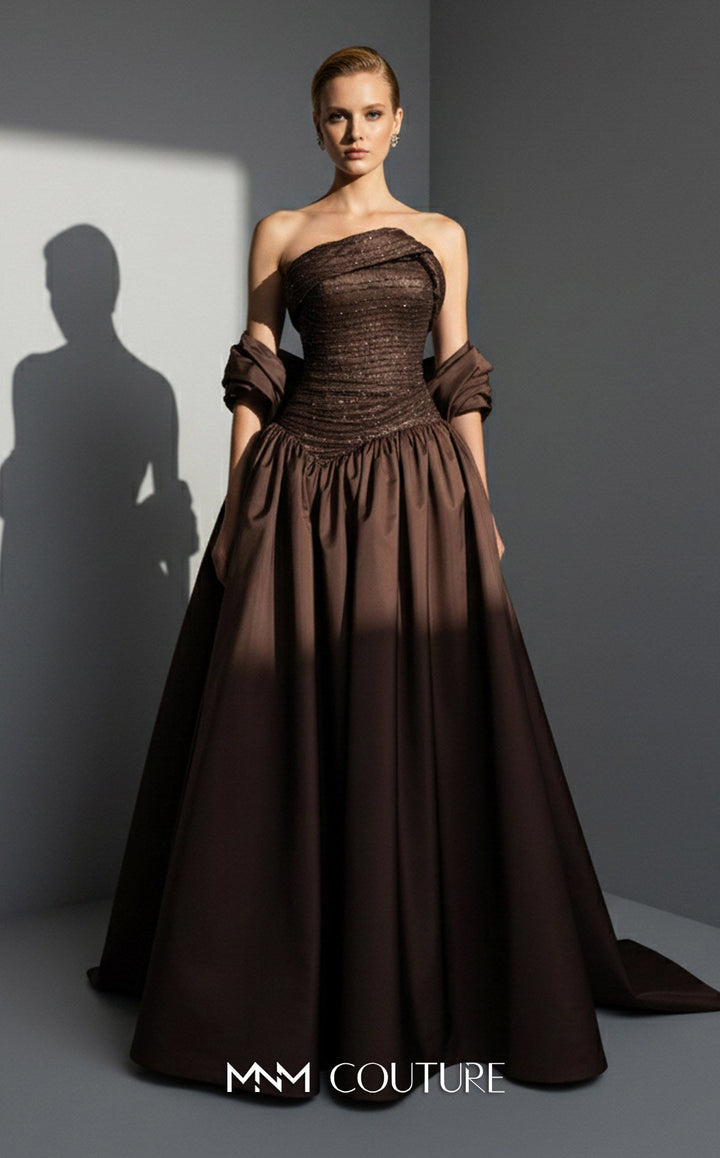 MNM Couture E0132 Asymmetric Draped Taffeta Ball Gown
