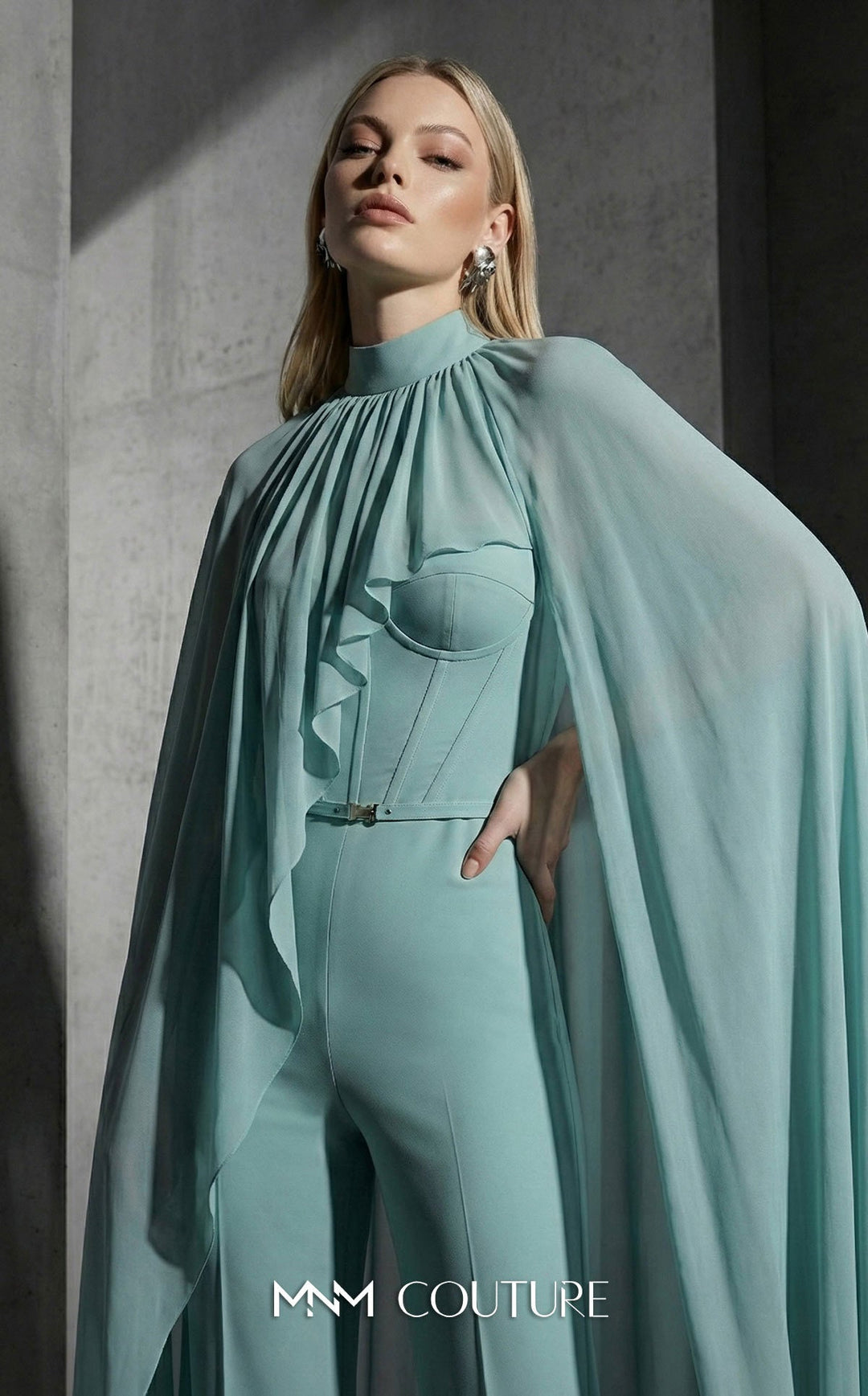 MNM Couture Style E0143 Sophisticated Chiffon High-Neck Cape Jumpsuit - FOSTANI.com