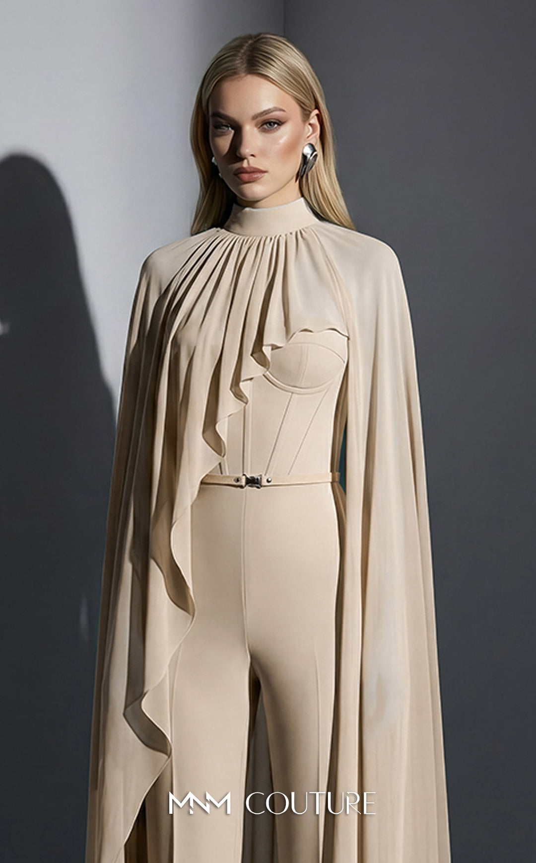 MNM Couture Style E0143 Sophisticated Chiffon High-Neck Cape Jumpsuit - FOSTANI.com