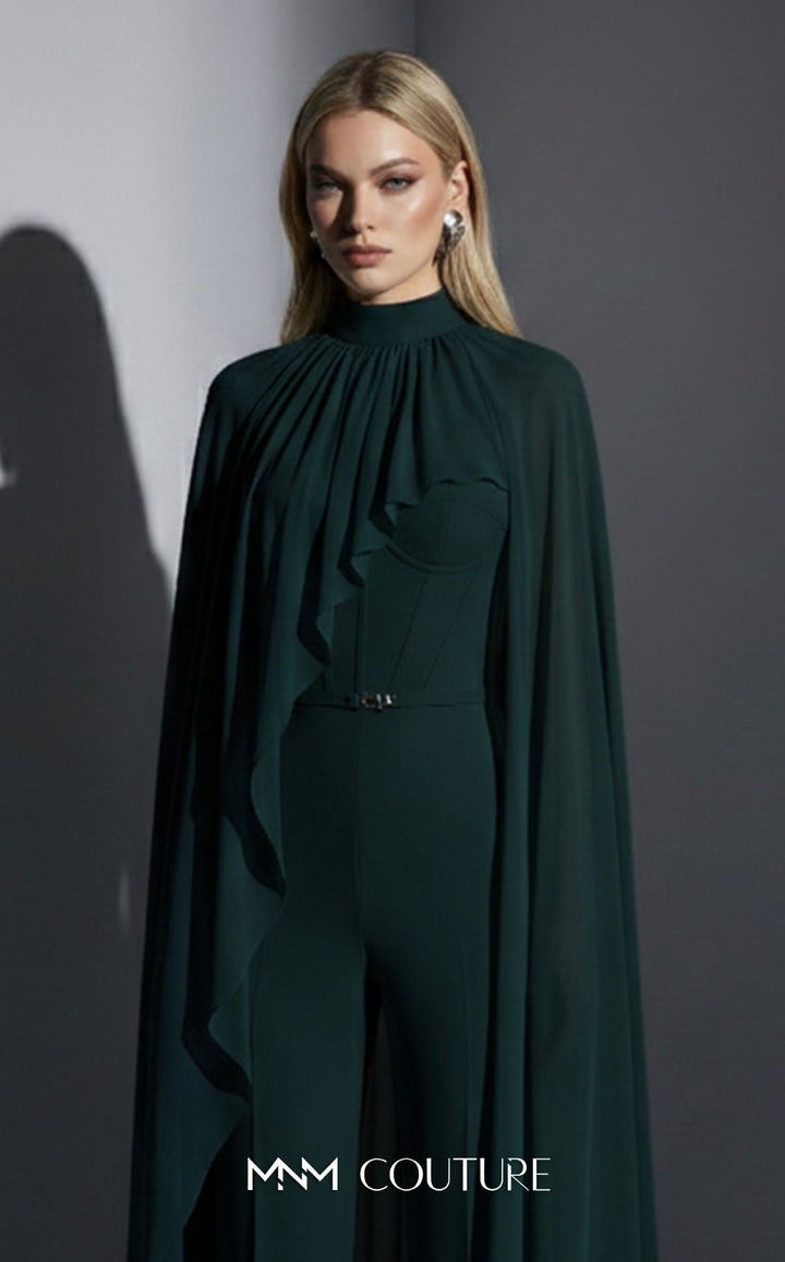 MNM Couture Style E0143 Sophisticated Chiffon High-Neck Cape Jumpsuit - FOSTANI.com