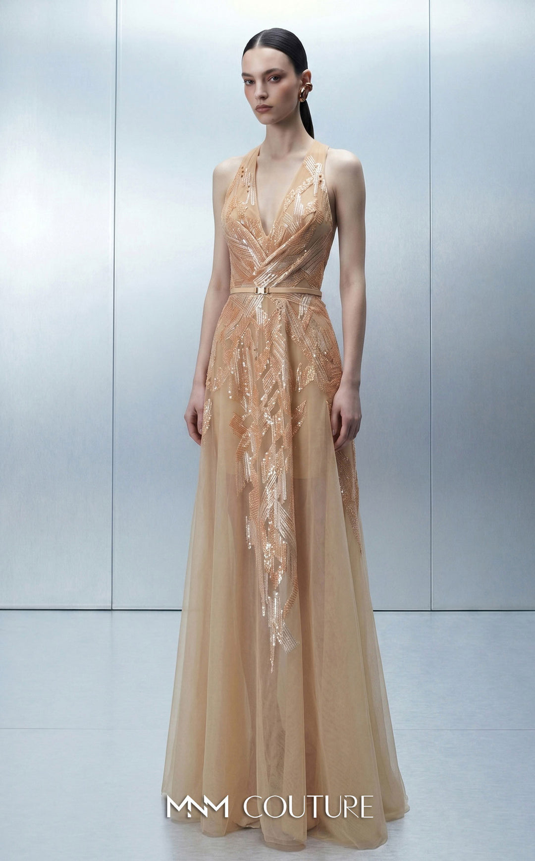 MNM Couture E0170 gown, front view with cover-up