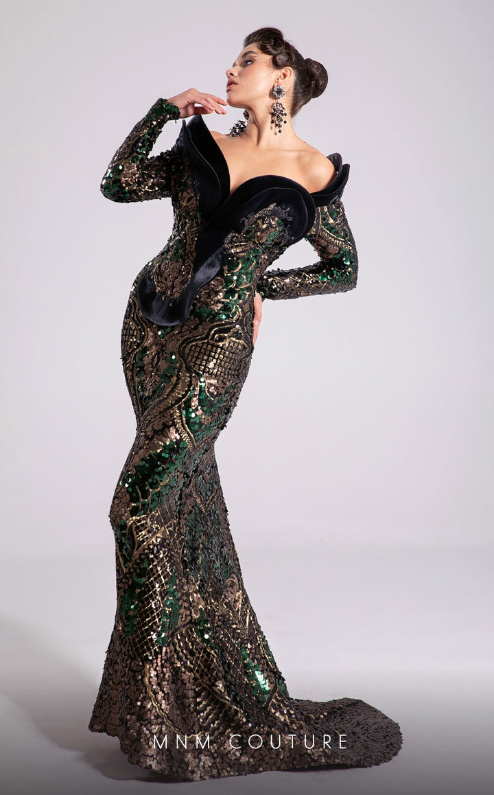 Fouad Sarkis F02896 Sweetheart Off-the-Shoulder Long-Sleeve Fitted Sheath Couture Dress