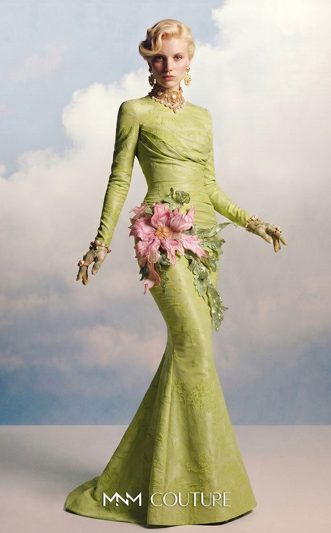 MNM Couture F02909A Pistache Floral Jacquard Gown