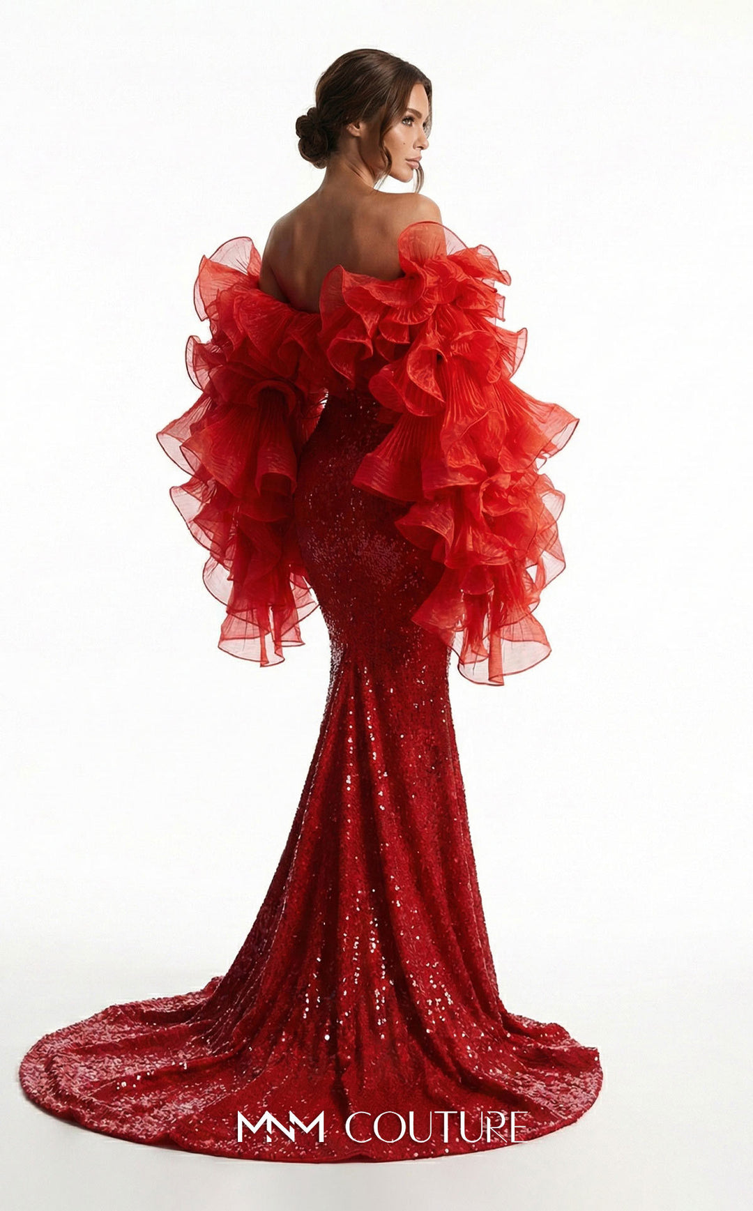 Fouad Sarkis F03029 back view with ruffle sleeves and train