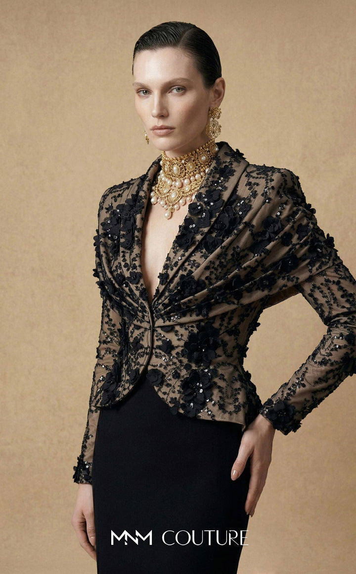 Fouad Sarkis F03047 Embellished Long Sleeve Sheath Couture Dress