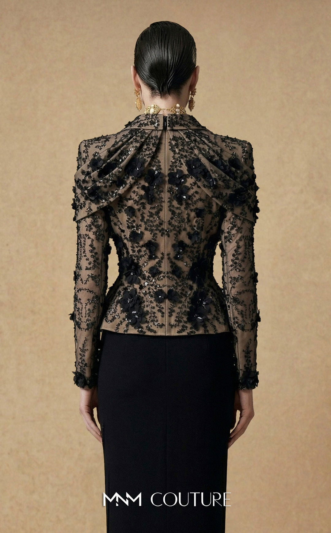 Fouad Sarkis F03047 Embellished Long Sleeve Sheath Couture Dress