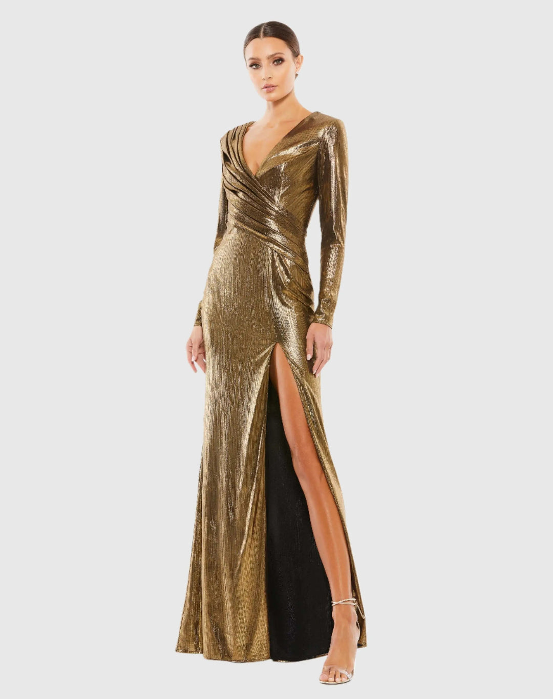 Mac Duggal 26684 Metallic Long Sleeve Asymmetrical Ruched Gown