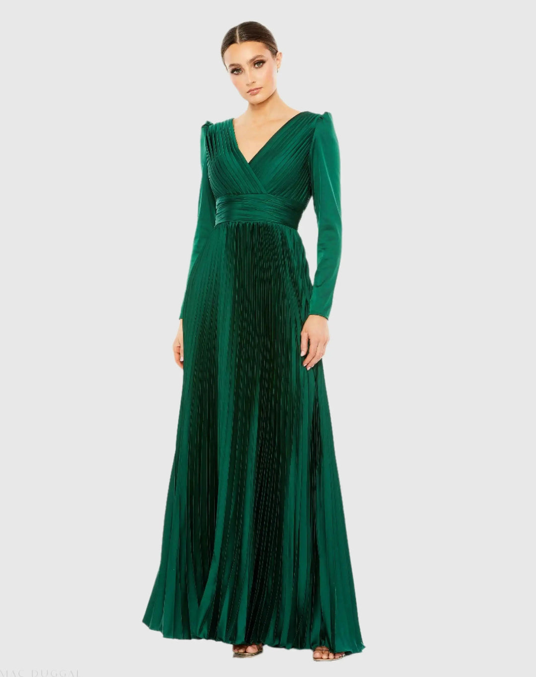 Mac Duggal 26542 Pleated Long Sleeve V-Neck Gown