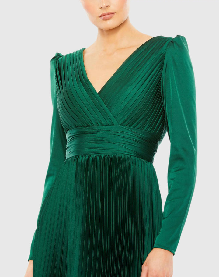 Mac Duggal 26542 Pleated Long Sleeve V-Neck Gown