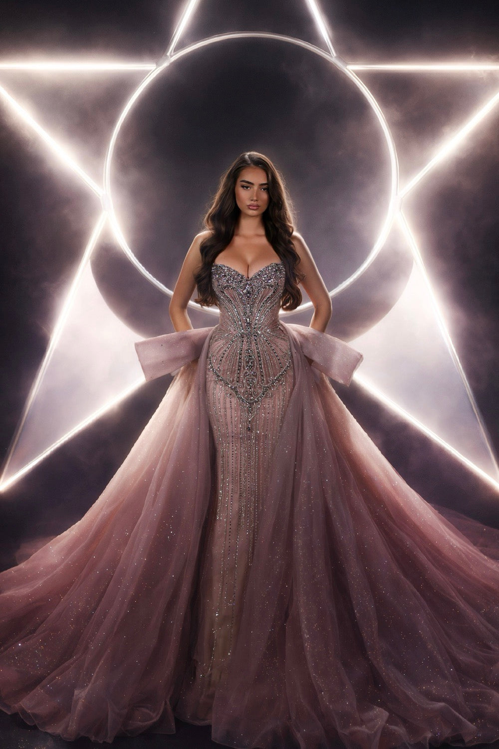 Delilah LD12047 Strapless Sweetheart Beaded Corset Sheath Gown with Bow Overskirt - Pink front view