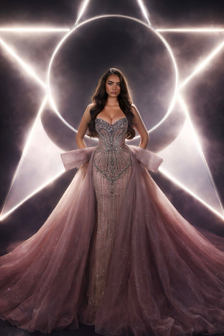 Delilah LD12047 Strapless Sweetheart Beaded Corset Sheath Gown with Bow Overskirt - Pink front view