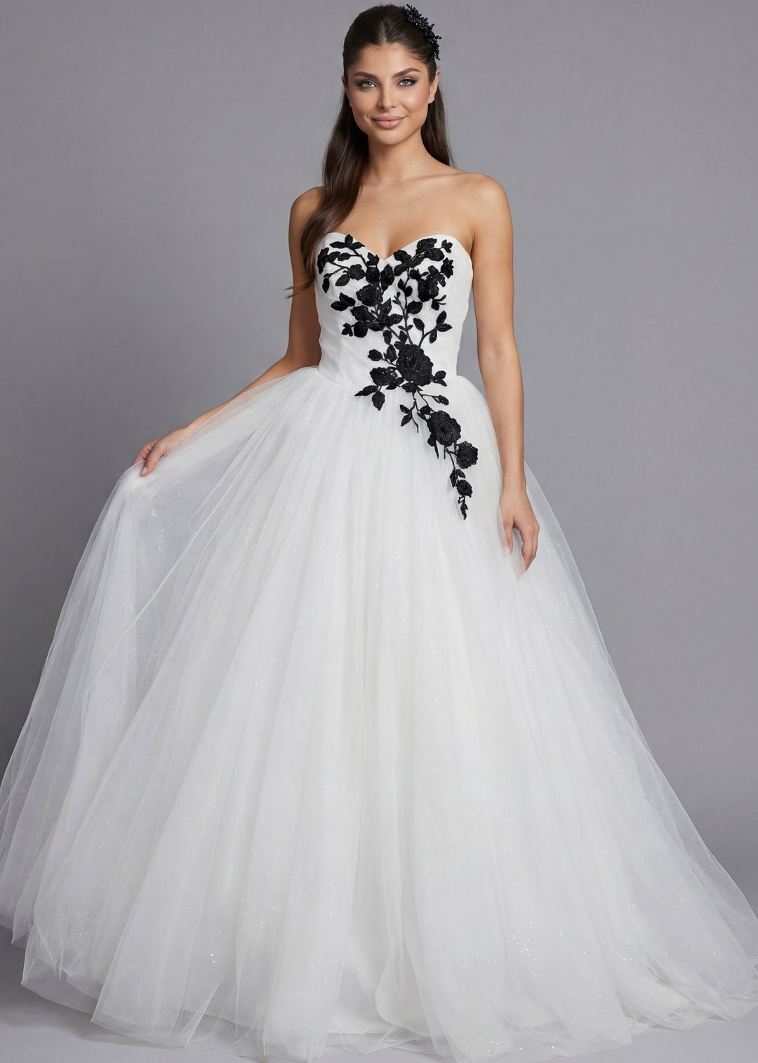 Strapless Floor-Length Tulle Wedding Ball Gown with Floral Appliqué Jovani JB43233 - FOSTANI.com
