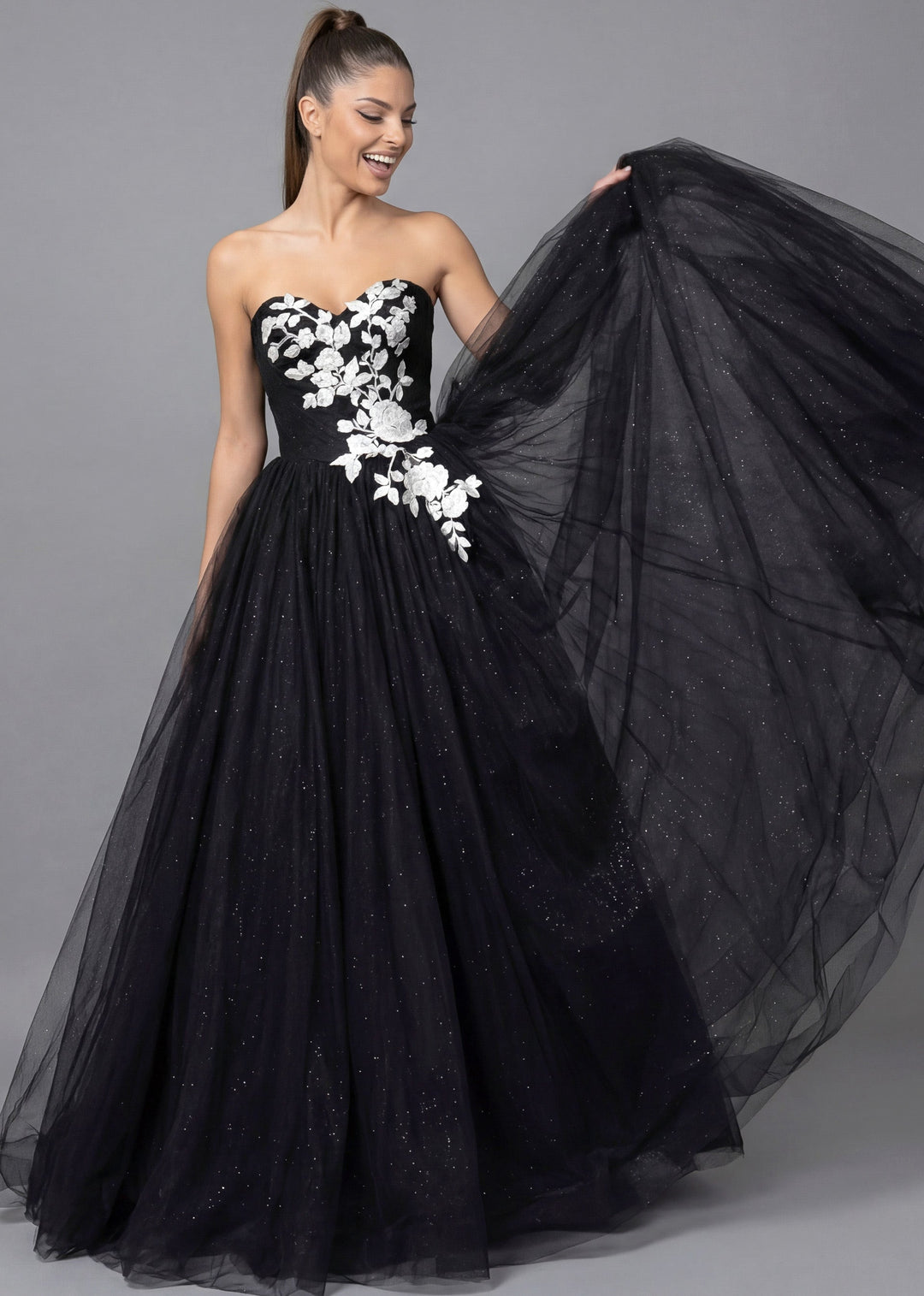 Strapless Floor-Length Tulle Wedding Ball Gown with Floral Appliqué Jovani JB43233 - FOSTANI.com