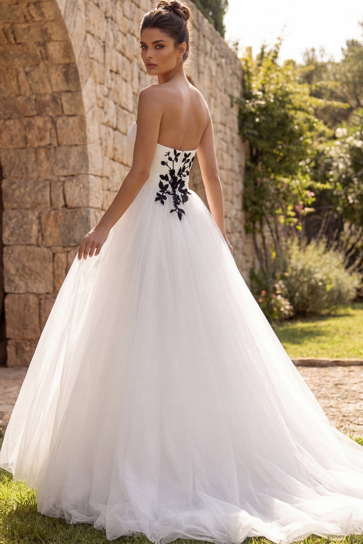 Strapless Floor-Length Tulle Wedding Ball Gown with Floral Appliqué Jovani JB43233 - FOSTANI.com